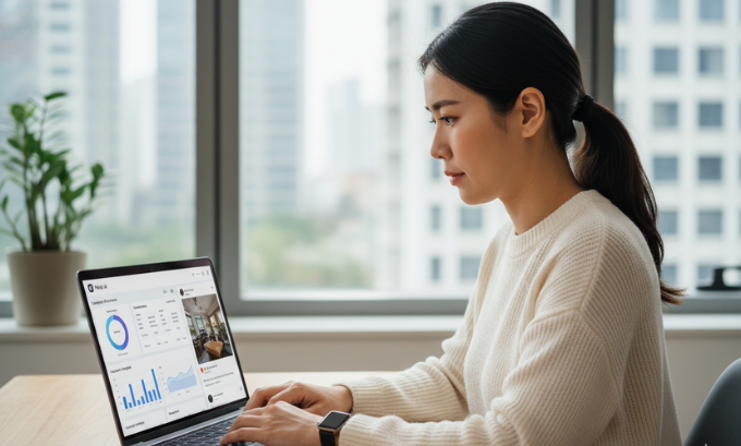 Business owner using Meta AI for social media marketing and content creation