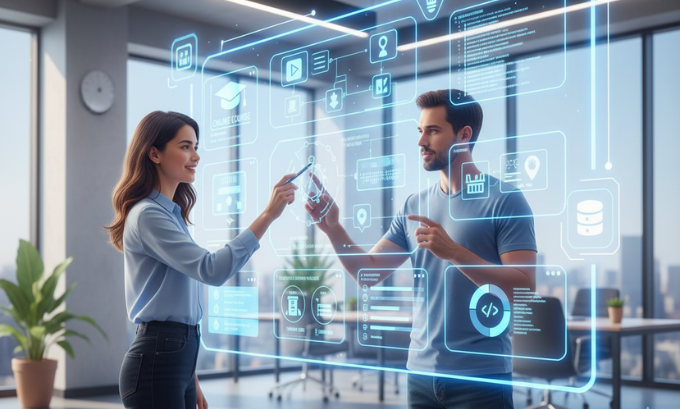 Educator and technologist collaborating on digital learning projects