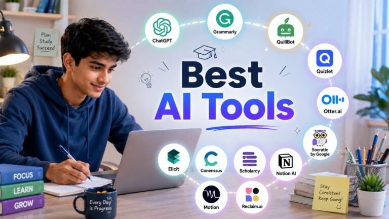 AI tools for students helping with writing, note-taking, research, exam preparation, and productivity management