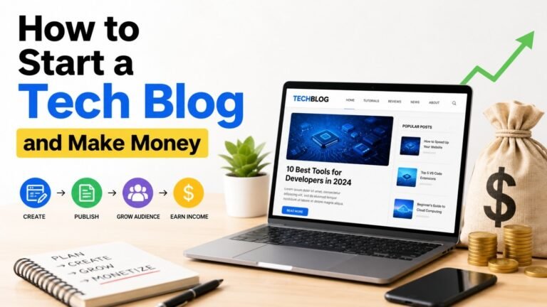 How to Start a Tech Blog and Make Money Online with a successful technology blogging website setup displayed on a laptop screen.