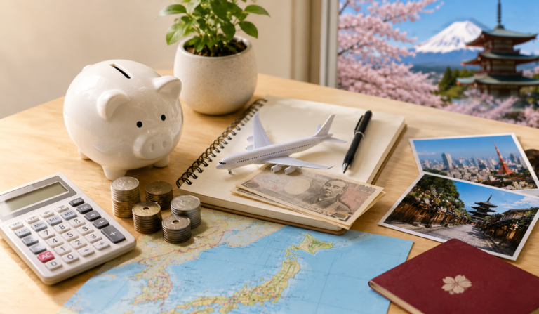 Cost to Travel Japan shown with yen, Tokyo travel landmarks, and a one-week trip budget