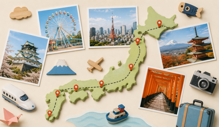 Japan Itinerary with Kids featuring a family exploring Tokyo, Kyoto temples, and Osaka attractions