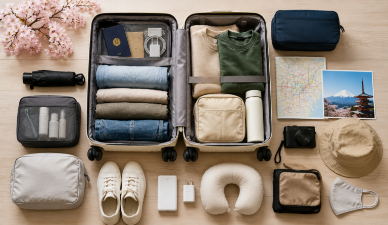 The Only Japan Travel Packing List You’ll Ever Need Japan Travel Packing List with comfortable shoes, layered clothing, luggage and travel essentials