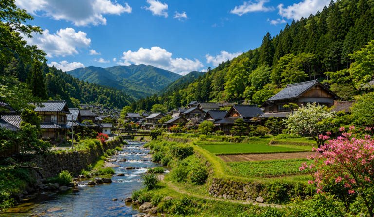 Rural Japan Travel featuring a traditional village, rice fields, and mountain scenery