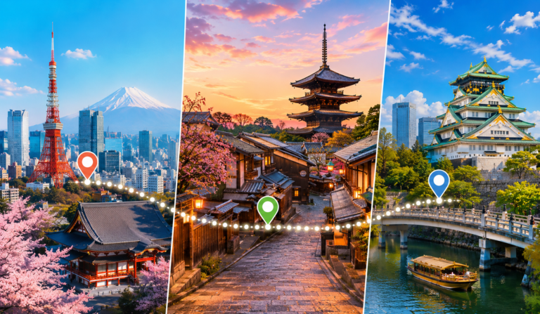 The Perfect Tokyo Kyoto Osaka Itinerary for First-Time Visitors Itinerary for First-Time Visitors featuring Tokyo, Kyoto, and Osaka landmarks