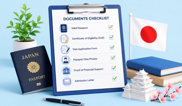 Japan Study Visa Documents Checklist and Requirements for a student Japan study visa documents checklist with a passport, Certificate of Eligibility, visa application form, financial documents, and admission letter prepared for studying in Japan.