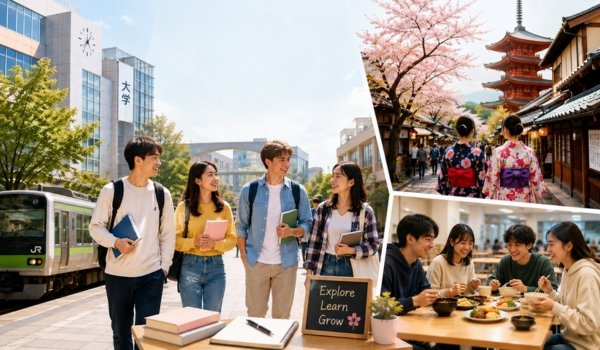 What Is Student Life in Japan Really Like for Foreign Students? International students enjoying student life in Japan while walking through a modern university campus with cherry blossoms, classrooms, and Japanese cultural surroundings.
